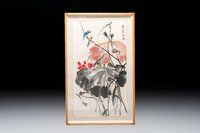 In the manner of Qi Baishi (1864-1957): 'Kingfishers Among Lotus', ink and colour on paper, signed
