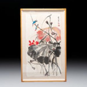 In the manner of Qi Baishi (1864-1957): 'Kingfishers Among Lotus', ink and colour on paper, signed — foto 1