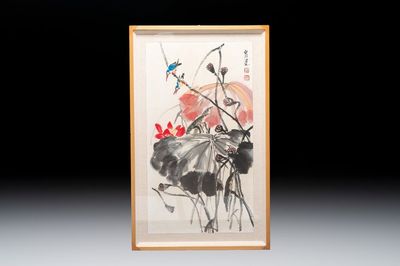 In the manner of Qi Baishi (1864-1957): 'Kingfishers Among Lotus', ink and colour on paper, signed