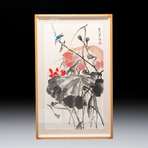 In the manner of Qi Baishi (1864-1957): 'Kingfishers Among Lotus', ink and colour on paper, signed — 照片 1