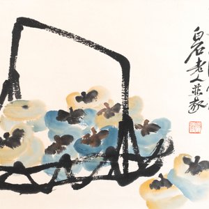 In the manner of Qi Baishi 齊白石 (1864-1957): 'Persimmons' and Wang Fuchang 王福厂(1880-1960): 'Calligraphy', ink and colour on paper — photo 5