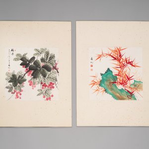 In the manner of Qi Gong 啟功 (1912-2005): 'Grapes' and 'Bamboo', ink and colour on paper, dated 1988 — photo 1