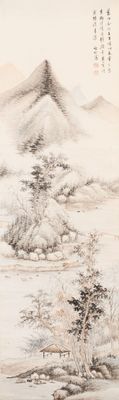 In the manner of Qi Gong 啟功 (1912-2005): 'Mountainous landscape', ink and colour on paper