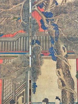 In the manner of Qiu Ying 仇英 (1494-1552): 'Festival in Chinese Garden', ink and colour on silk, 17/18th C. — photo 14