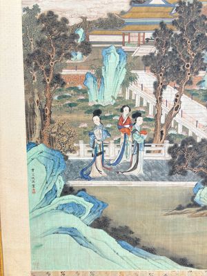 In the manner of Qiu Ying 仇英 (1494-1552): 'Mountainous Landscape', ink and colour on silk, 19/20th C. — photo 8