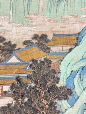 In the manner of Qiu Ying 仇英 (1494-1552): 'Mountainous landscape', ink and colour on silk, 19/20th C. — photo 17