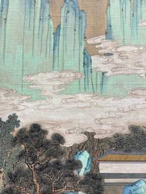 In the manner of Qiu Ying 仇英 (1494-1552): 'Mountainous landscape', ink and colour on silk, 19/20th C. — photo 18