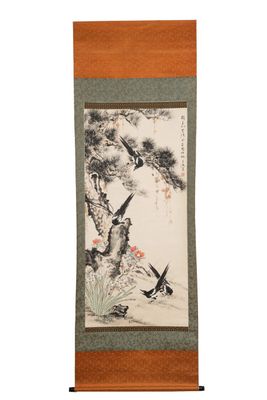 In the manner of Wang Xuetao 王雪濤 (1903-1982): 'Magpies and a pine tree', ink and colour on paper