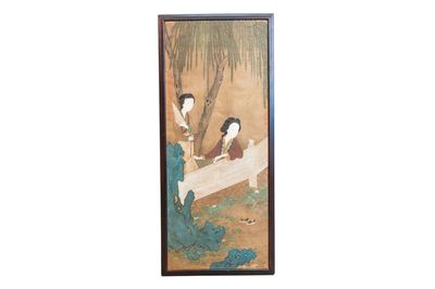In the manner of Wang Zhenpeng 王振鵬 (Yuan): 'Two ladies in the garden', ink and colour on silk, Qing