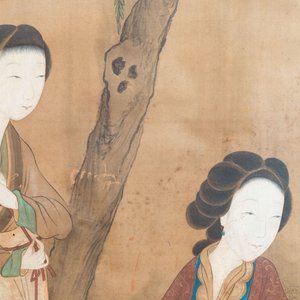 In the manner of Wang Zhenpeng 王振鵬 (Yuan): 'Two ladies in the garden', ink and colour on silk, Qing — foto 3