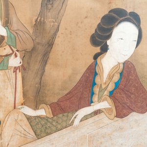 In the manner of Wang Zhenpeng 王振鵬 (Yuan): 'Two ladies in the garden', ink and colour on silk, Qing — foto 4