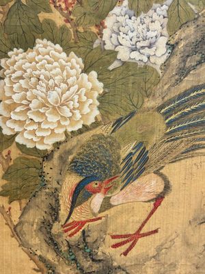 In the manner of Yun Shouping 惲壽平 (1633-1690): 'Pheasant and Peonies', ink and colour on silk — photo 17