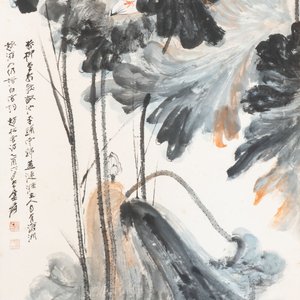 In the manner of Zhang Daqian 張大千 (1898-1983): 'Lotus', ink and colour on paper — photo 1