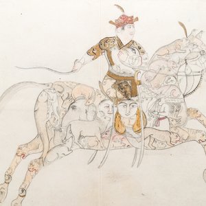 Indian school, miniature: 'Warrior riding a horse containing animals and human heads' — photo 1