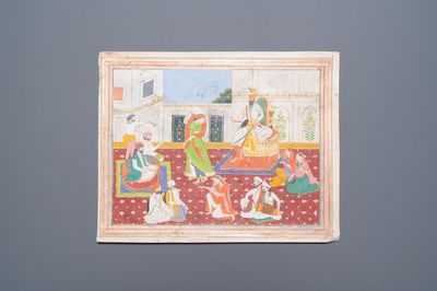 Indische school, miniatuur: 'Audiëntie bij Maharadja Ranjit Singh', met goud opgehoogde opake pigmenten op papier, 19e eeuw
