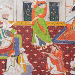 Indische school, miniatuur: 'Audiëntie bij Maharadja Ranjit Singh', met goud opgehoogde opake pigmenten op papier, 19e eeuw — foto 5