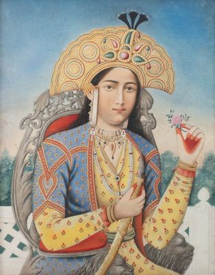 Indische school: 'Portret van Mumtaz Mahal met waterpijp', gouache op papier, 19e eeuw