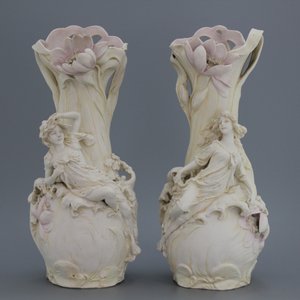 Indrukwekkende Royal Dux art nouveau garnituur, buste met 2 vazen, eind 19e-begin 20e eeuw — foto 5