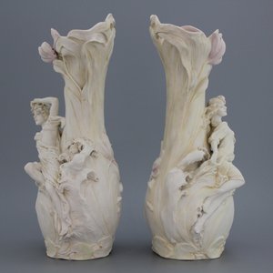 Indrukwekkende Royal Dux art nouveau garnituur, buste met 2 vazen, eind 19e-begin 20e eeuw — foto 6
