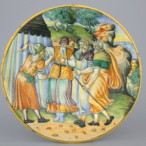 "Istoriato" bord in majolica met tafereel van de Exodus, Urbino, 16e eeuw — foto 1