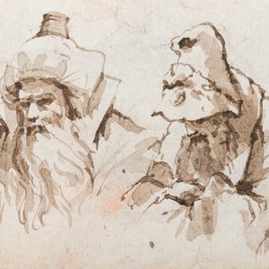 Italiaanse school, omgeving van Giambattista Tiepolo, lavis in grijs en bruin, eind 18e eeuw: Studie van een koe en van vier mannen met tulbanden — foto 3