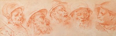 Italian school, after Charles Parrocel, sanguine on paper, 18/19th C.: Five heads of helmeted soldiers