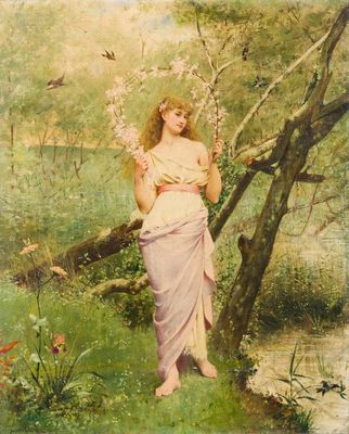 Jacques-Clément Wagrez (French school, 1850-1908): 'Young woman with a floral garland', oil on canvas, dated 1881