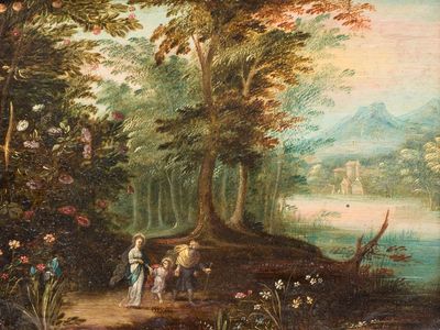 Jan van Kessel the Younger (Antwerp, 1654 – Madrid, 1708): 'The Holy Family in a Forest Landscape', oil on copper, signed, 17th C.