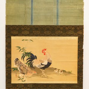 Japanese school: Hen, rooster and chicks, watercolor and ink on paper, mounted on scroll, Meiji, 19th C. — 照片 2
