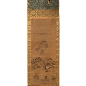 Japanese school: 'Immortals', ink and colour on silk, seal mark of Kano Motonobu 狩野元信, probably 16th C. — foto 1