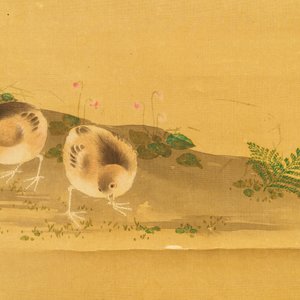 Japanse school: Haan en kip met kuikens, aquarel en inkt op papier, gemonteerd op rol, Meiji, 19e eeuw — foto 4