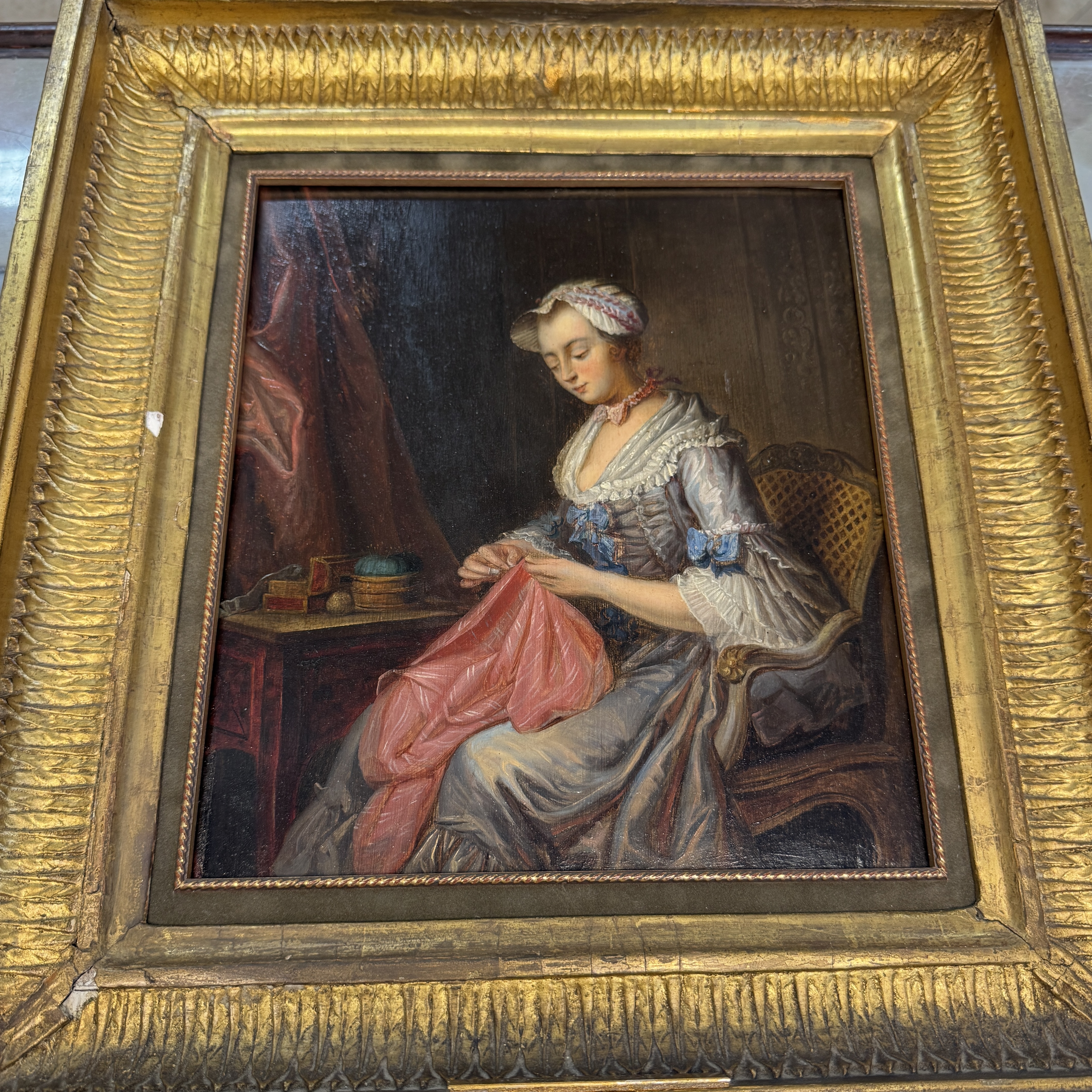 Jean-Gaspard Heilmann (France, 1718 - 1760): 'The Seamstress', oil on panel, 18th C. — foto 1
