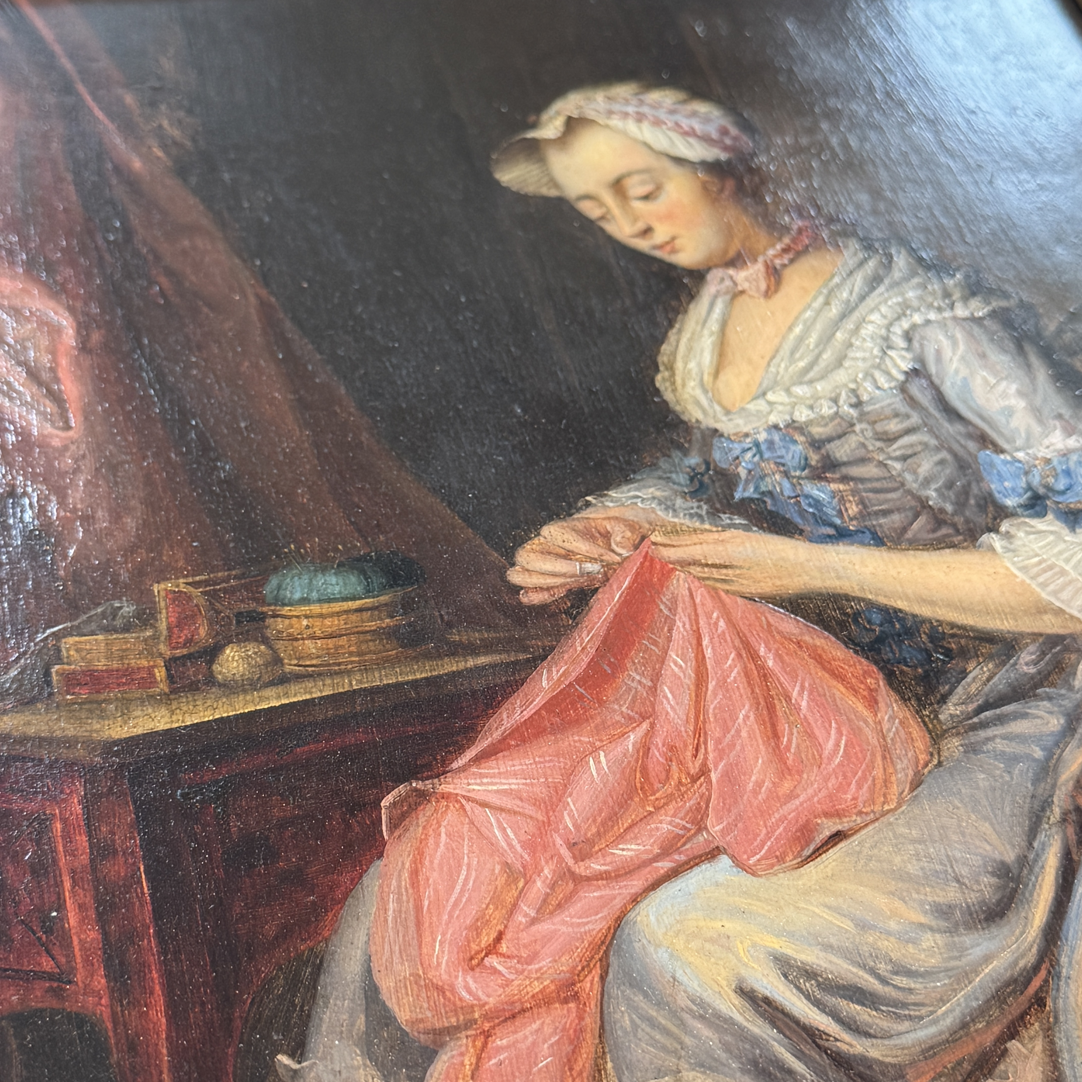 Jean-Gaspard Heilmann (France, 1718 - 1760): 'The Seamstress', oil on panel, 18th C. — foto 2