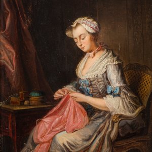 Jean-Gaspard Heilmann (France, 1718 - 1760): 'The Seamstress', oil on panel, 18th C. — foto 1