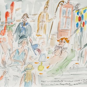 Jean Milo (1906-1993): 'Ensor et St. Idesbald rendant visite à Paul Delvaux', watercolour, ink and pencil on paper — photo 1