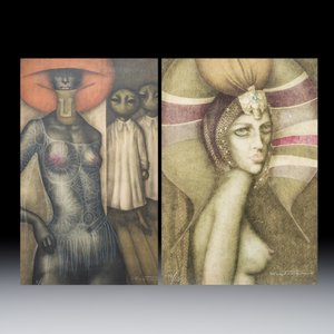 Jef van Tuerenhout (1926-2006): 'The Visitors' and 'Lady with Headdress', two colour lithographs — foto 1