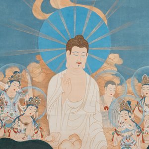 Ji Kang (1911-2007): Guanyin omgeven door beschermgoden, aquarel en inkt op papier, 20e eeuw — foto 4