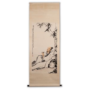 Jiang Zhaohe 蒋兆和 (1904-1986): 'Geleerde onder de bamboeboom', inkt en kleur op papier — foto 1