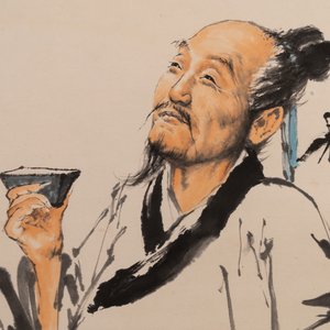 Jiang Zhaohe 蒋兆和 (1904-1986): 'Geleerde onder de bamboeboom', inkt en kleur op papier — foto 2