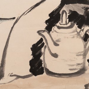 Jiang Zhaohe 蒋兆和 (1904-1986): 'Geleerde onder de bamboeboom', inkt en kleur op papier — foto 4