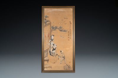 Jie San (20ème), encre et couleurs sur papier: 'Zhonghan, Xin Chou et Meng Xia devant un tableau'