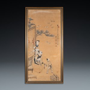Jie San (20ème), encre et couleurs sur papier: 'Zhonghan, Xin Chou et Meng Xia devant un tableau' — photo 1