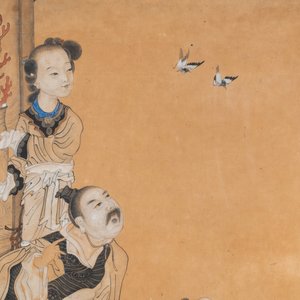 Jie San (20ème), encre et couleurs sur papier: 'Zhonghan, Xin Chou et Meng Xia devant un tableau' — photo 4