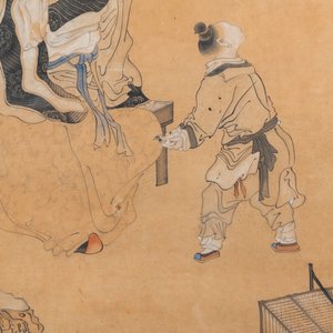Jie San (20ème), encre et couleurs sur papier: 'Zhonghan, Xin Chou et Meng Xia devant un tableau' — photo 5