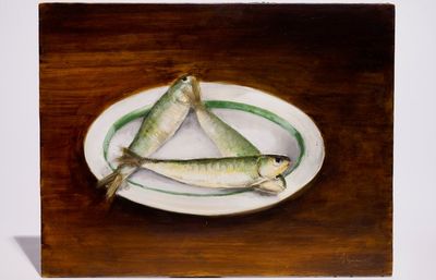 Joost Gevaert, oil on board, a still life with fish, "Flemish Anarchy", dat. 2016