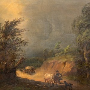Jos Questiaux (1805-1881): 'Herdsman with dog in a Stormy Landscape', oil on board — foto 1
