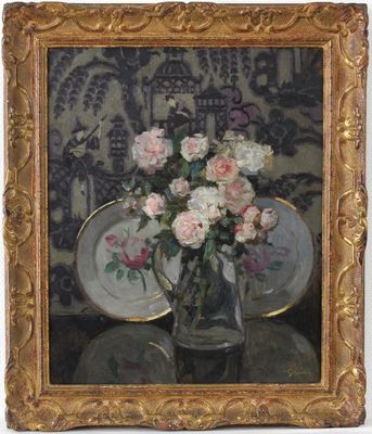 Jules Alexandre Grün (1868-1934), A still life with flowers and chinoiserie wallpaper