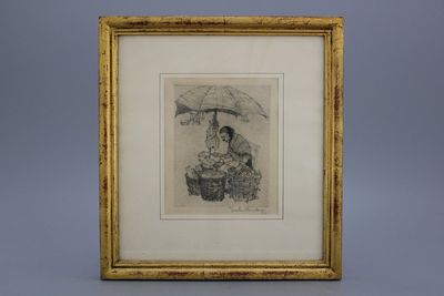 Jules Fonteyne (1878-1964), A woman selling fish, etching