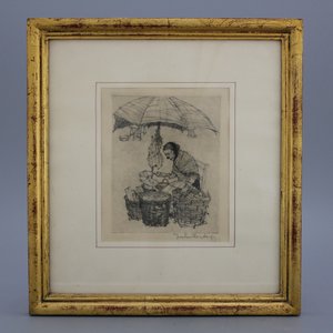 Jules Fonteyne (1878-1964), La marchande aux poissons, eau forte — photo 1