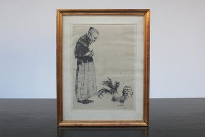 Jules Fonteyne (1878-1964), Une femme aux coqs, eau forte